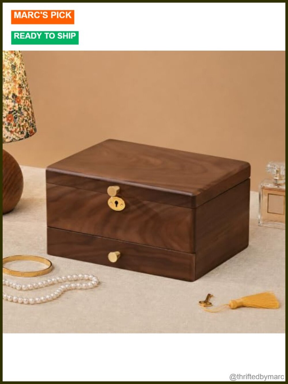 Solid Black Walnut Lockable Jewelry Box 3 Layer Wooden Organizer Case